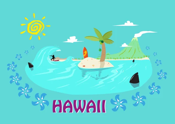 Una idea de turismo. Hawaii Islands and Surfing Concept (en inglés). Clip de arte editable . — Archivo Imágenes Vectoriales