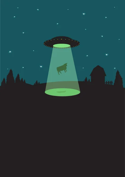 1950s Alien Flying Saucer transporta una vaca. Ilustración plana — Vector de stock