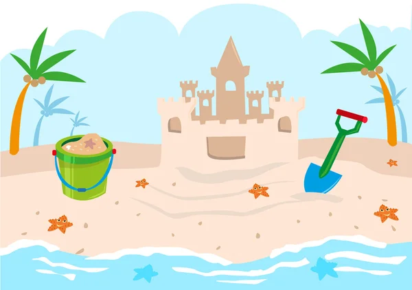 Strumenti di costruzione del castello dei bambini su una spiaggia. Clip Art modificabile . — Vettoriale Stock