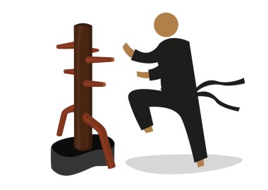 Man Attacks a Wooden Dummy used in personal training by martial artist. Editable Clip Art. vector Man Attacks a Wooden Dummy used in personal training by martial artist. Editable Clip Art. vector