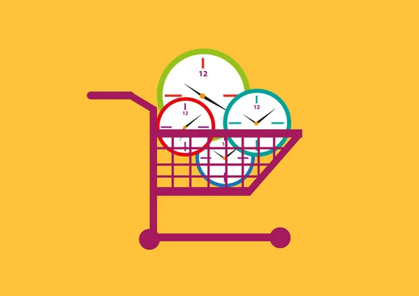 Asignación de tiempo o concepto de productividad. Relojes en un carrito de compras. Clip de arte editable . — Vector de stock