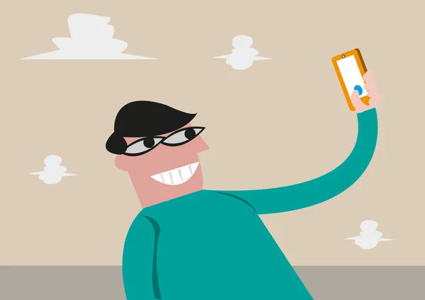 L'uomo scatta un selfie usando il suo cellulare. Clip Art modificabile . — Vettoriale Stock