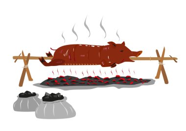 Lechon veya Suckling Pig dönen bir sopa veya kutup üzerinde yanan bir kömür üzerinde kavrulmuş. Değiştirilebilir Küçük resim.