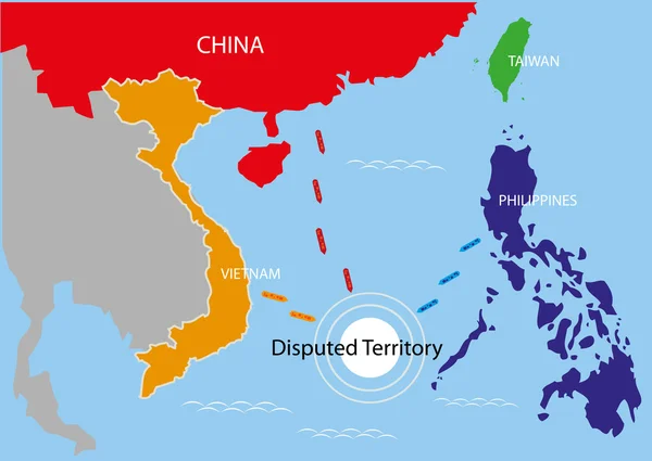 Sporné území v oblasti Filipín, Číny a Vietnamu. Upravitelné kliparty. — Stockový vektor