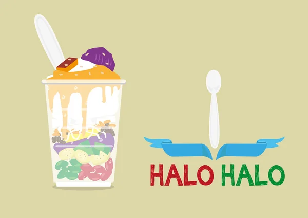 Halo-Halo 松散地表示混合是菲律宾流行的冰面甜点，混合了许多成分，提供美味的甜味美食。可编辑剪贴画. — 图库矢量图片