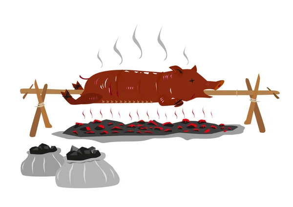 Lechon o maiale lattante su un bastone rotante o palo viene arrostito su un carbone ardente. Clip art modificabile . — Vettoriale Stock