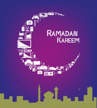 Teknolojik ürünler bir şehir içinde bir cami ile bir Hilal ay şekillendirme. Promosyon Satılık düzen sanat Ramazan sezon için. Düzenlenebilir Eps10 vektör ve jpg resimde.