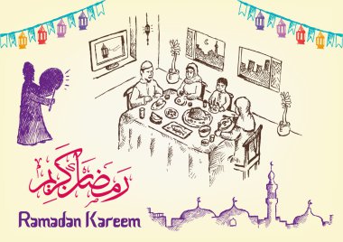 El Ramazan şenlik görüntü Temalar çekilen Ramazan Kareem tebrik bu Arapça hat ve İngilizce sürümü ile. Düzenlenebilir Clip Art Eps10 illüstrasyon