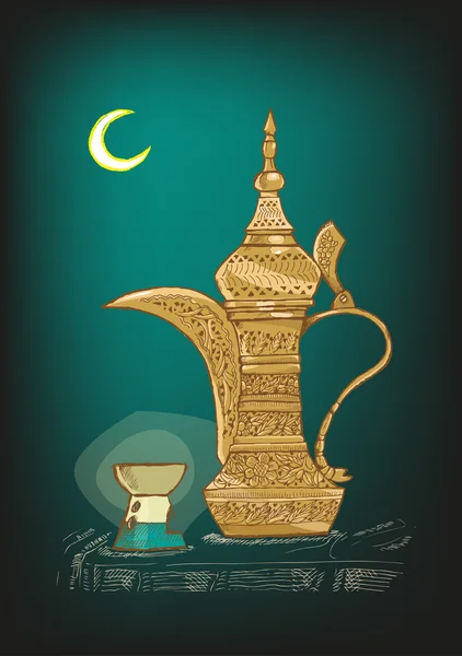 Caffettiera araba disegnata a mano localmente chiamata Dallah utilizzata principalmente nei paesi del Golfo o arabi per servire caffè khaleeji. Mostrati sono il Ramadan Crescent Moon e portacandele. Vettore modificabile EPS10 . — Vettoriale Stock