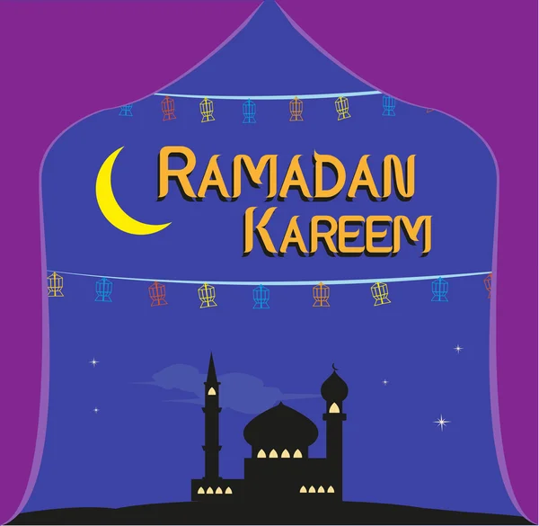 Ramadan Festival verkoop concept met Fanoos lantaarns in een moskee en een grote halve maan. Bewerkbare illustraties. — Stockvector
