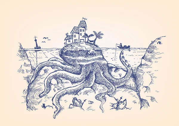 Прихований гігантський восьминіг ховається під водою і нападає на рибалку — стоковий вектор