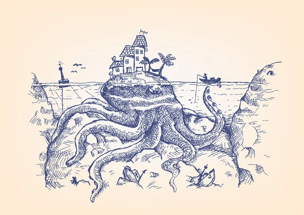 Un pulpo gigante disfrazado se esconde bajo el agua y ataca a un pescador — Archivo Imágenes Vectoriales