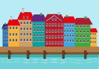 Bir tekne rıhtım veya liman boyunca Renkli Evler. Kopenhag Danimarka illüstrasyon Nyhavn sahil bölgesi. Kullanılabilir Küçük Resim.