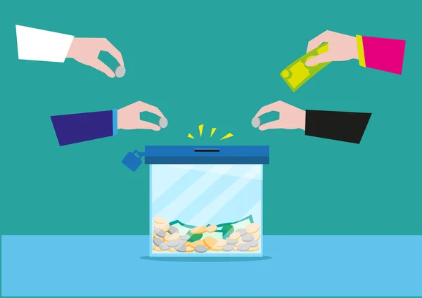 Mani mettere i soldi su una scatola di vetro o ancora banca contenitore. Concetto di donazione o risparmio bancario. Clip Art modificabile . — Vettoriale Stock