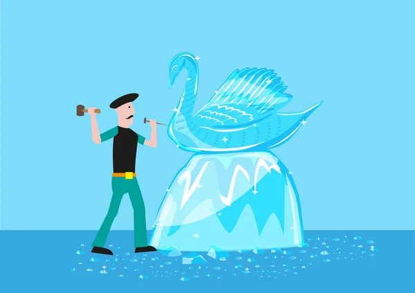 An artist sculpts a swan form out of ice or crystal material. Editable Clip Art. — Stock Vector