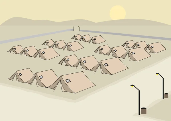 Concepto de filas de tiendas para el ejército o el campamento de refugiados. Clip de arte editable . — Vector de stock
