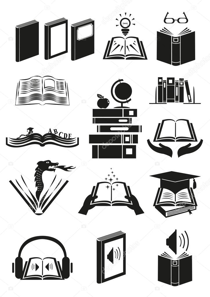 Silhuoette concept of books with varied themes and educational icons