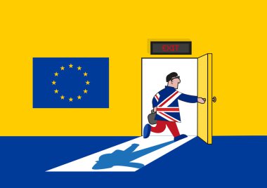 Brexit kavramı. Adam İngiliz kıyafetli bir Avrupa Birliği'nin odasından dışarı gidiyor. Düzenlenebilir küçük resim.