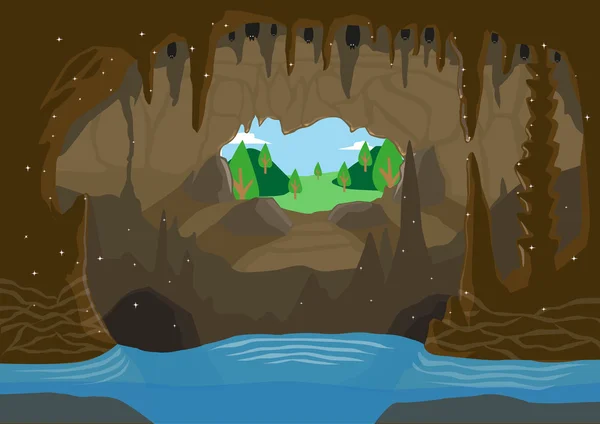 Una ilustración de una cueva con río subterráneo y murciélagos colgando del techo. Clip de arte editable . — Vector de stock