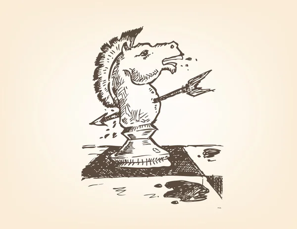 Un chevalier ou une pièce de cheval est percé d'une flèche doodle. Clip Art modifiable . — Image vectorielle