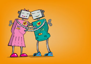 Kalpler birbirine sarılma romantik robotlar doodle sanat. Kullanılabilir Küçük Resim.