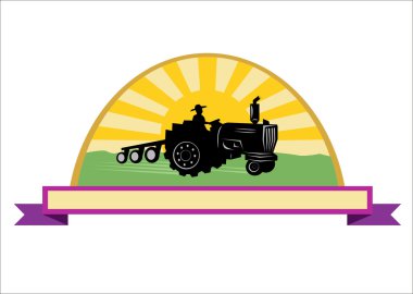 Tarım kavramı vektörü. Güneş ve düz tarzı kurdele ile Traktör. Editable Clip Art.Farming kavram vektörü. Güneş ve düz tarzı kurdele ile Traktör. Kullanılabilir Küçük Resim.