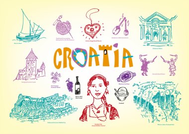 Croatia Culture and Tourist Spots Doodle Handdrawn style images. Vector EPS10 illustration Outline art and Jpg versions. clipart