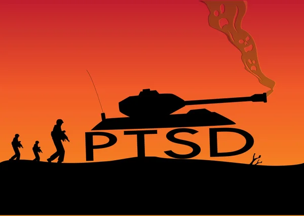 Poszttraumás stressz zavar Concept. Katonák séta War tank épült PTSD betűkkel, mint a kerekek és a koponyák, mint a füst. ClipArt-kép szerkeszthető. — Stock Vector