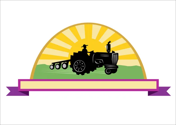 Vecteur de concept agricole. Tracteur avec soleil et ruban plat. Clip Art.Farming concept vecteur modifiable. Tracteur avec soleil et ruban plat. Clip Art modifiable . — Image vectorielle