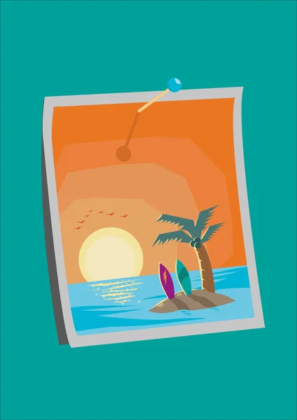 Vastgezette afbeelding die een scène van een eiland weergeeft met twee surfplanken tijdens zonsondergang. Bewerkbare clip art. — Stockvector