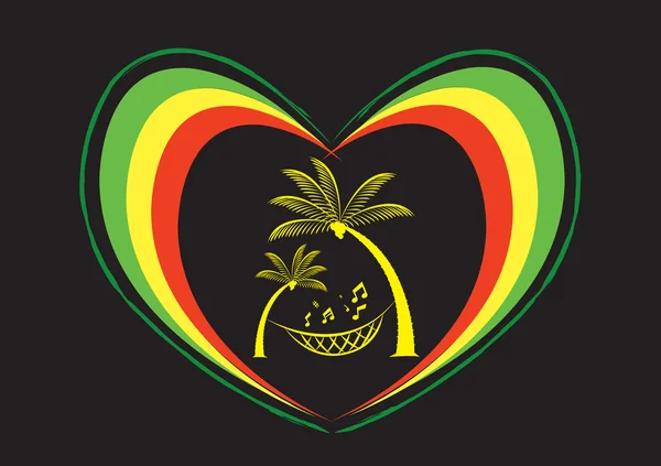 Reggae Heart and Palm Trees with Musical Note. Clip de arte editable . — Vector de stock