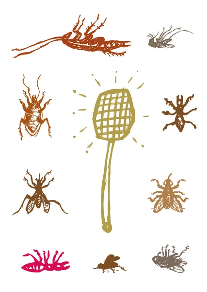 Dead Household Pests with Swatter. Pest control vector. Editable Clip Art. — Stock Vector