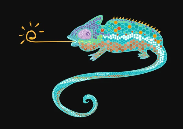 Camaleón colorido sobre fondo oscuro con escalas abstractas muestra su lengua. Ilustración vectorial. Clip de arte editable . — Archivo Imágenes Vectoriales