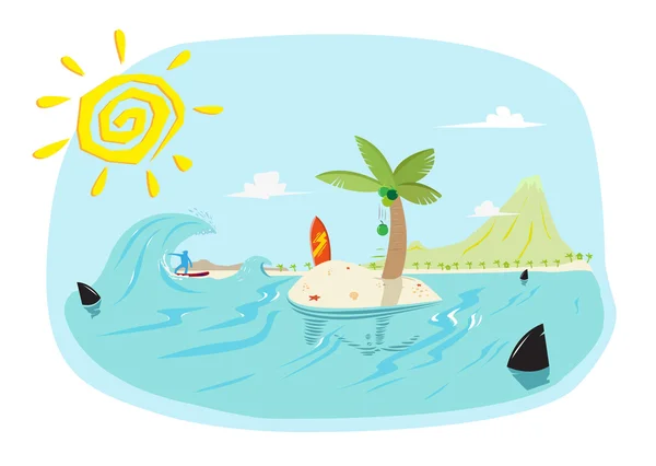 Insel im Sonnenkonzept mit Sport, Haien und blauem Wasser. editierbare Clip-Art. — Stockvektor