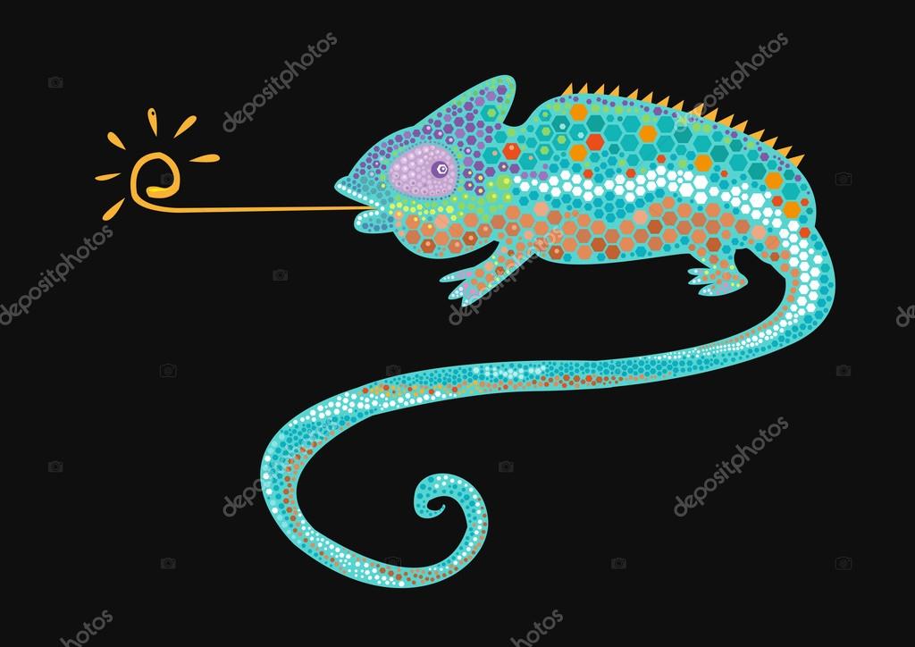 An illustration of a chameleon on dark background sticking its tongue out