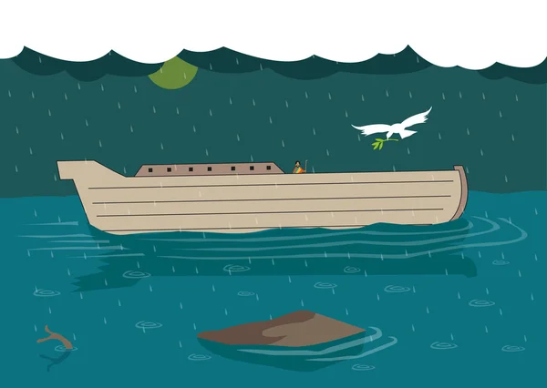 挪亚等待，鸽子回到他与叶的方舟在大洪水期间。可编辑剪贴画. — 图库矢量图片