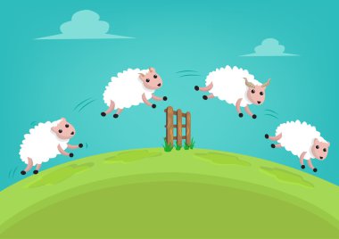 Bir çitin üzerinden atlamak beyaz koyun sürüsü. Düzenlenebilir küçük resim.
