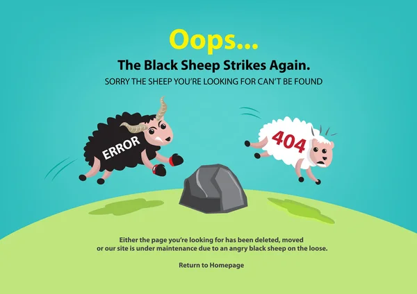 Sidan kunde inte hittas, 404-fel. Black sheep jagar vita får konceptet. Redigerbara ClipArt. — Stock vektor