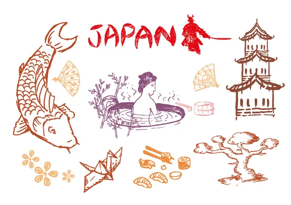 Japan kulturella element i hand skiss stil samling 4. Redigerbar ClipArt. — Stock vektor