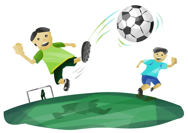 Un niño patea una pelota de fútbol durante un partido —  Fotos de Stock