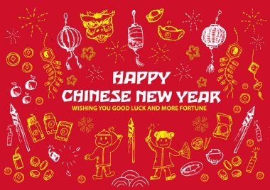 Kırmızı temalı mutlu Çin Yeni Yılı konsepti. Düzenlenebilir Klip Sanatı.