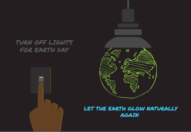 Dünya Saati ya da Dünya Günü konsepti. Işıklar söndüğünde dünya karanlıkta yeşil parlar. Düzenlenebilir Klip Sanatı.