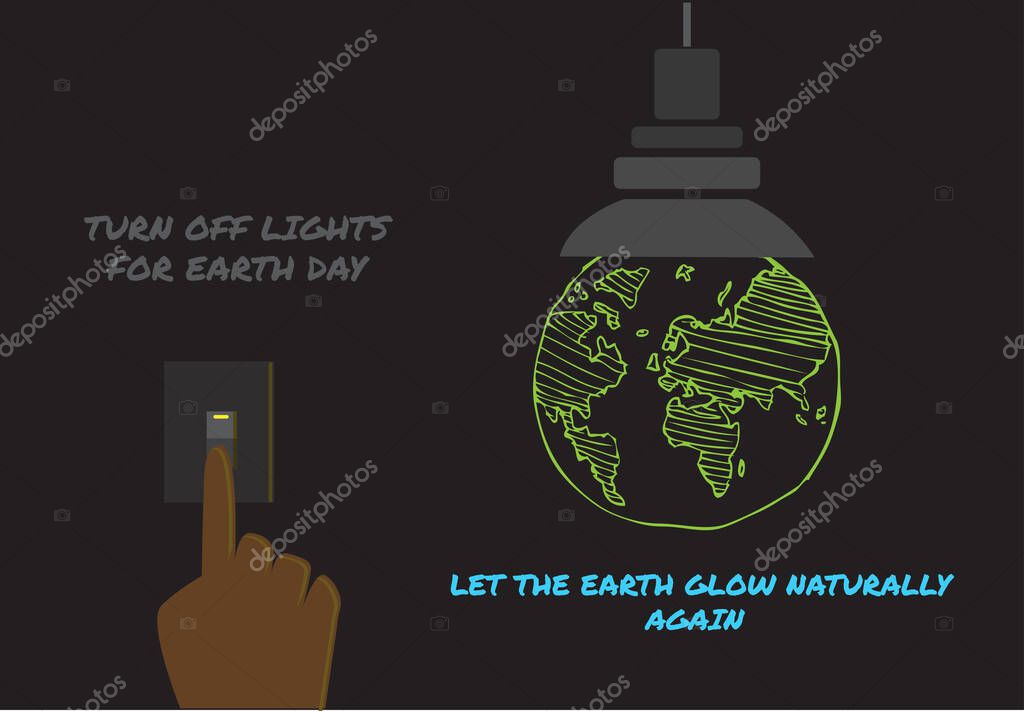Earth Hour or Earth Day concept. Earth glows green in the dark when lights are switched off. Editable Clip Art.