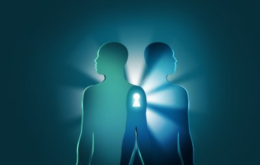 Unlocking the Mysteries of Life and Death concept.Two human figures join together with bright rays and keyhole between them. clipart