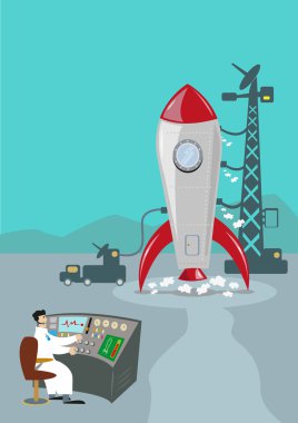 Retro Rocket Ready to Launch. Ground Control Scientist. Editable Clip Art. clipart