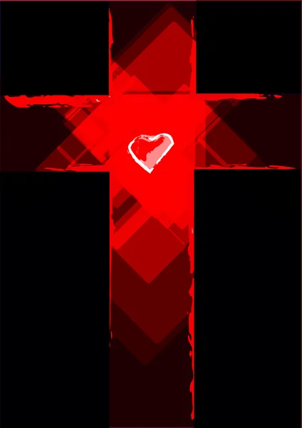 Ein Herz auf einem roten Grunge-Kreuz zeitgenössische Abstraktion. Konzept religiöser Symbole. — Stockvektor