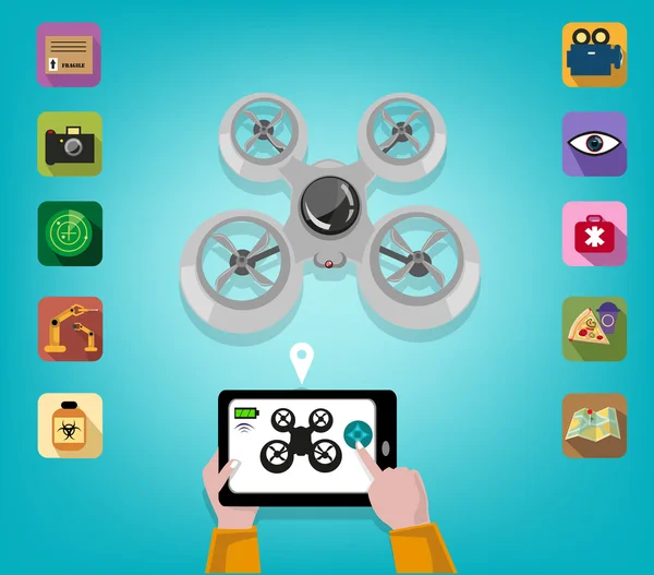 Hand opera un Drone usando una tableta o Smartphone con iconos de características. Clip de arte editable . — Vector de stock