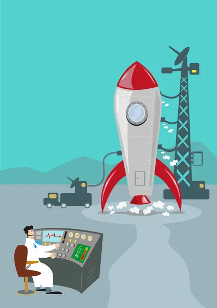 Retro Rocket listo para lanzar. Científico de Control Terrestre. Clip de arte editable . — Archivo Imágenes Vectoriales