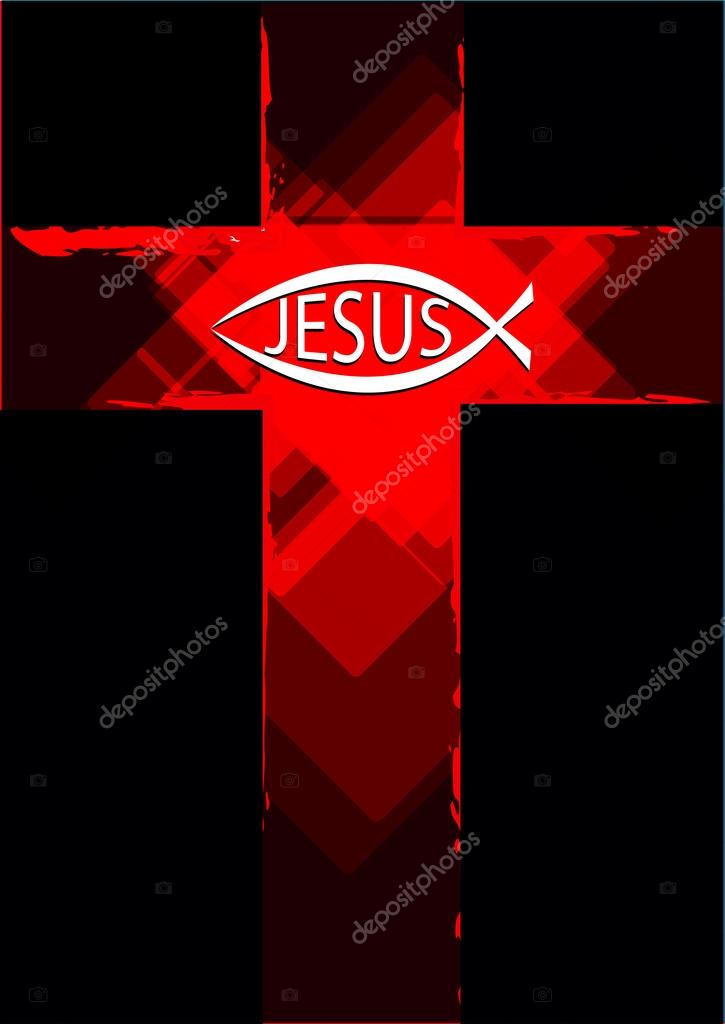Grunge Red Cross with a Ichthys Fish symbol and Jesus Text
