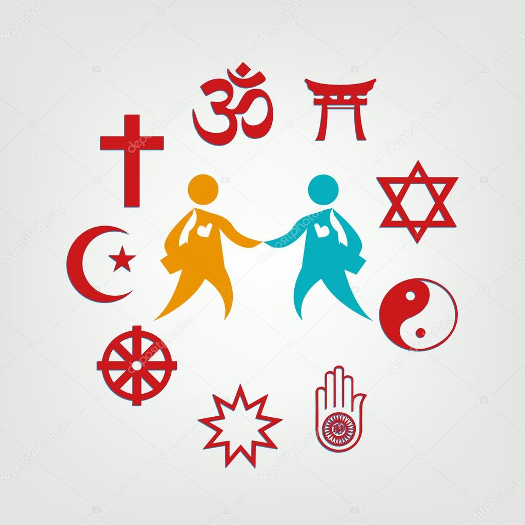 Religious symbols surrounding two persons.